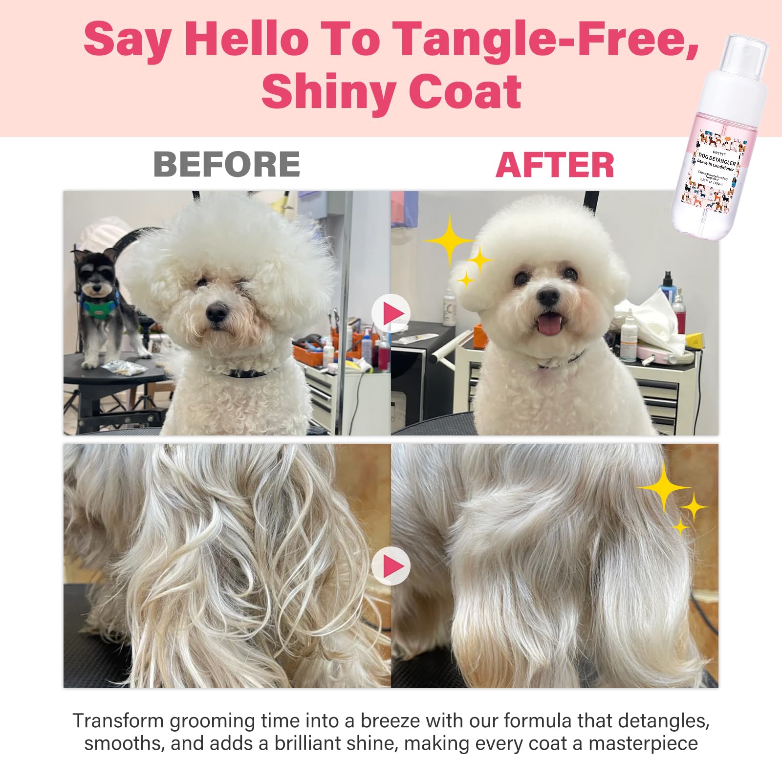 GJYC PET Detangler ingredients scene featuring coconut oil and jojoba for conditioning.