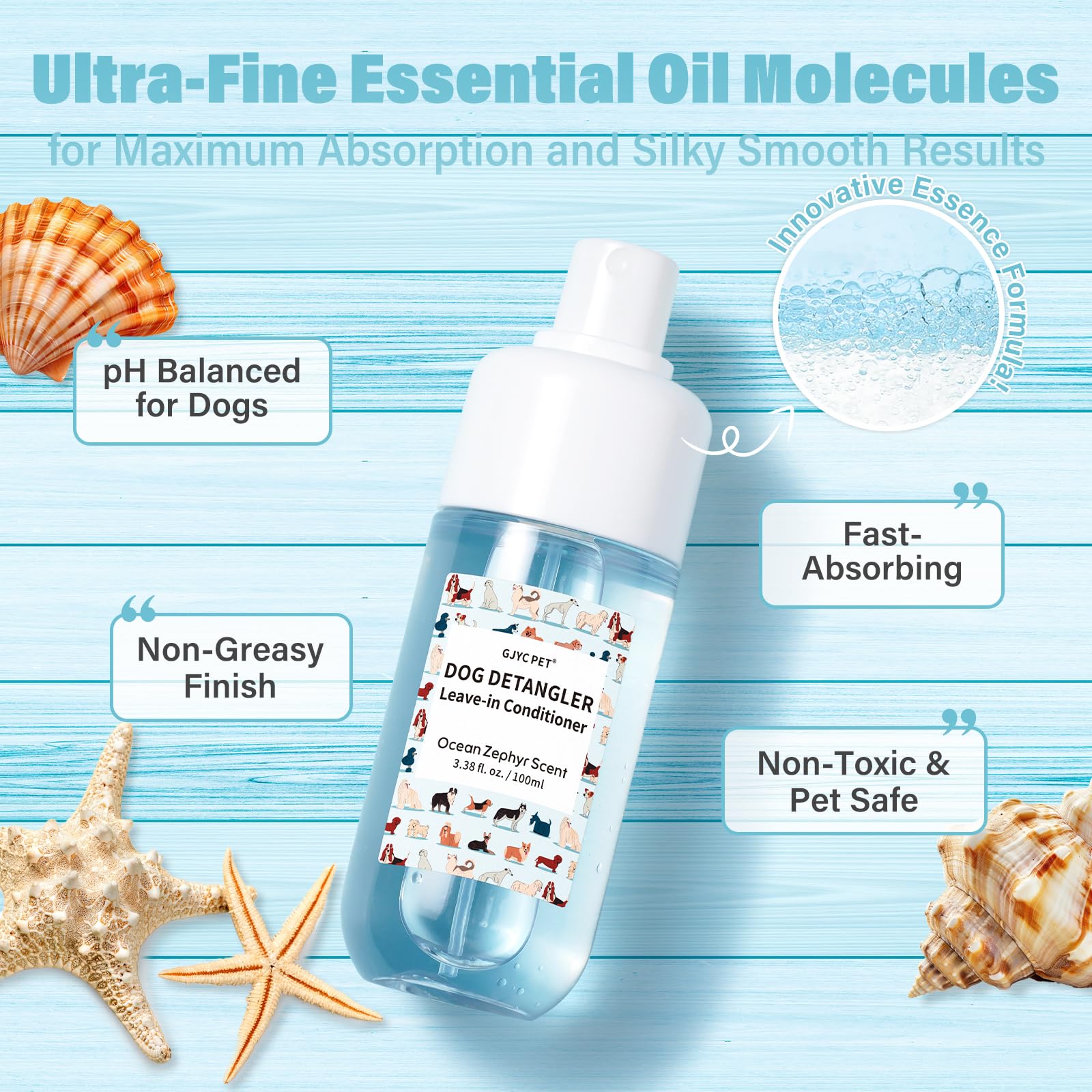 GJYC PET Ocean Zephyr scent detangler spray adds refreshing aroma during grooming.