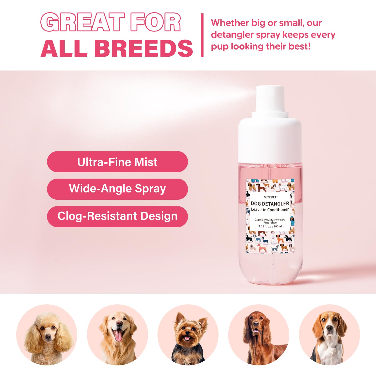 GJYC PET Detangler with classic powdery scent during grooming session.
