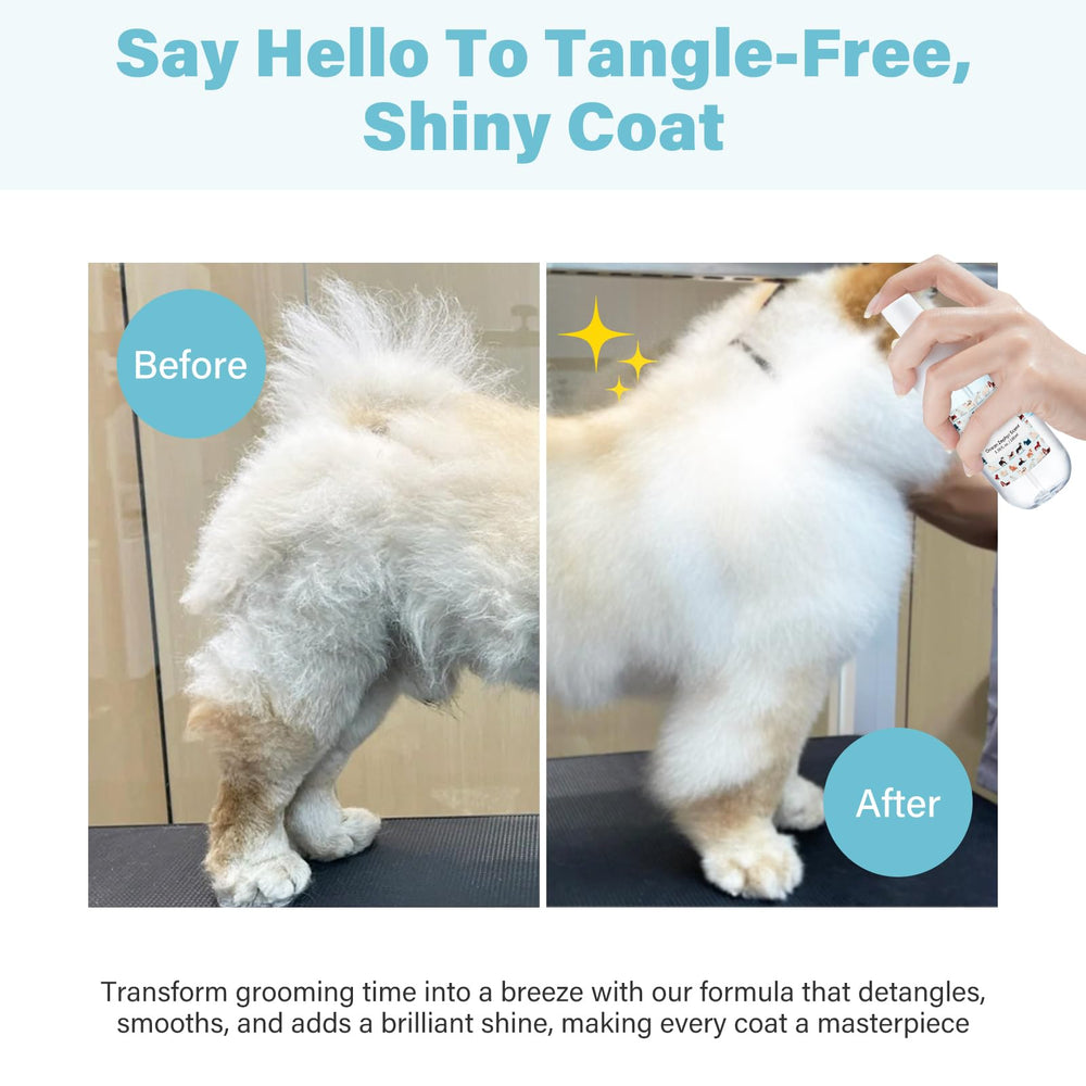 GJYC PET detangler spray being applied to dog coat to ease brushing.