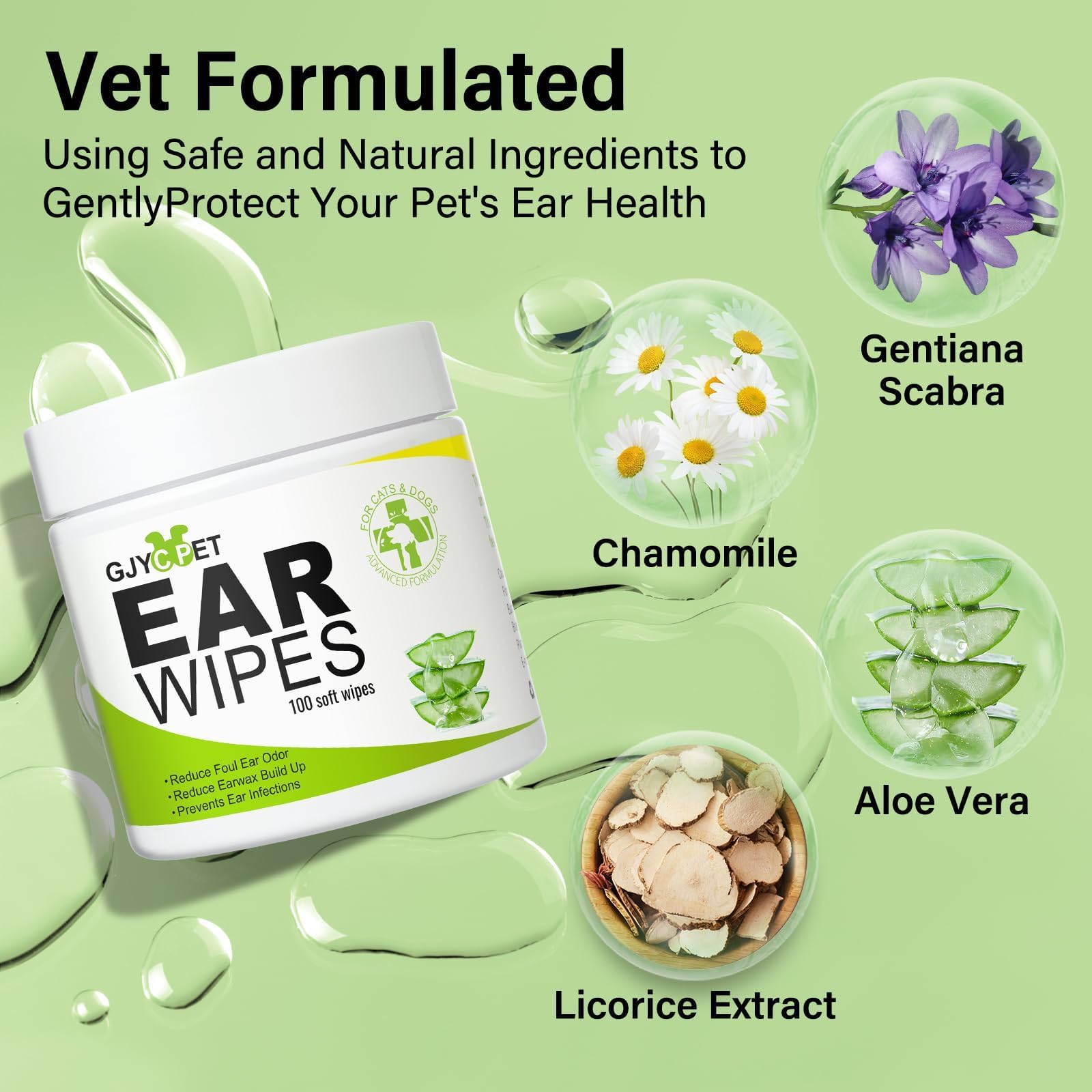 GJYC PET dog ear wipes application scene demonstrating easy cleaning around the outer ear