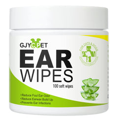 GJYC PET dog ear wipes packaging showing a 100-wipe pack for travel and home use