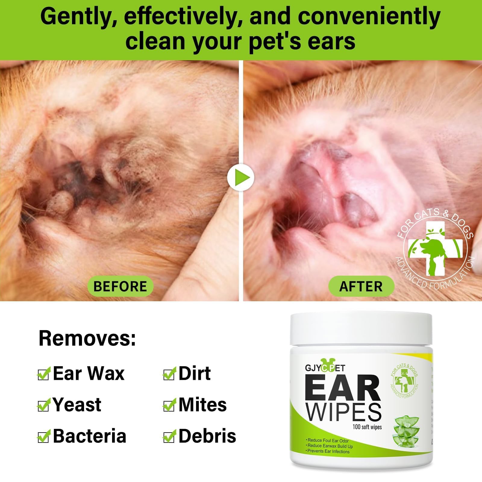 GJYC PET ear wipes tube closeup highlighting gentle, plant-based formula for sensitive ears
