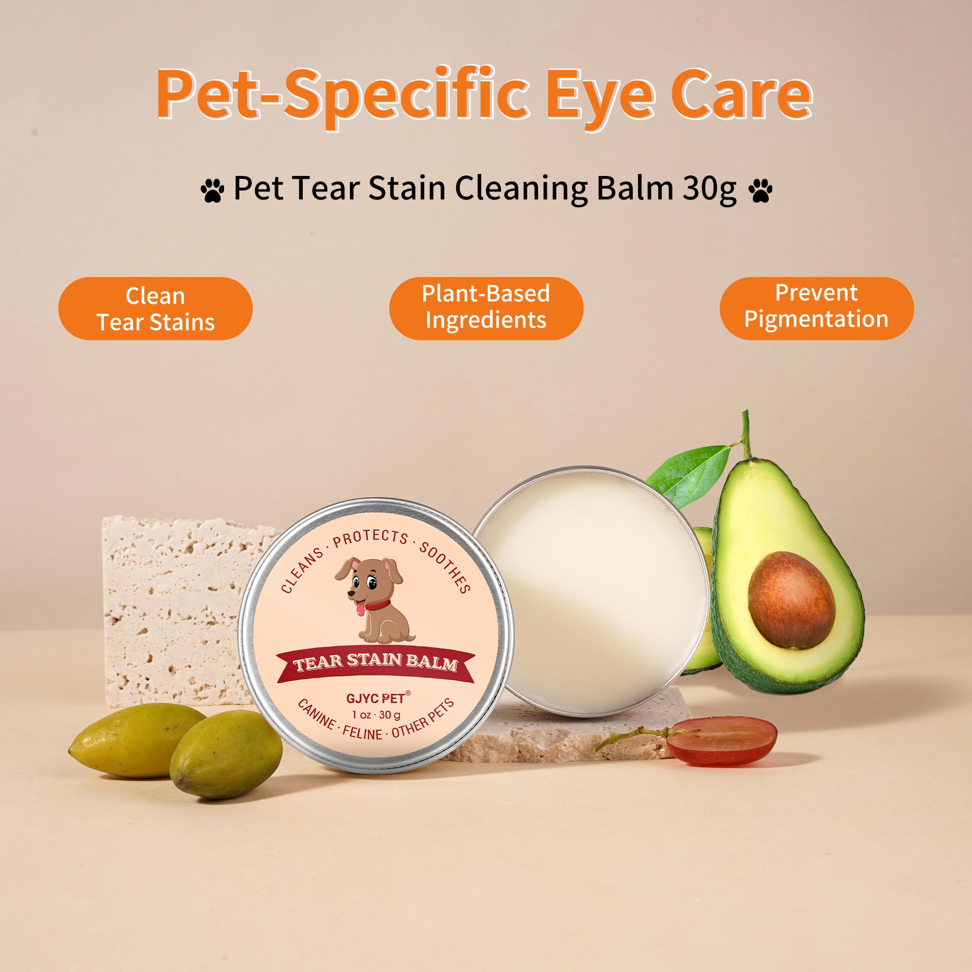 GJYC PET Balm branding emphasizes plant-based, gentle eye care for pets.