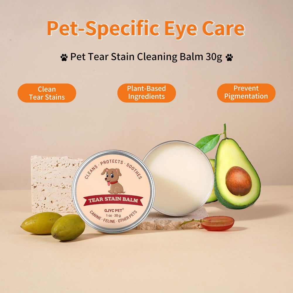 GJYC PET Balm branding emphasizes plant-based, gentle eye care for pets.