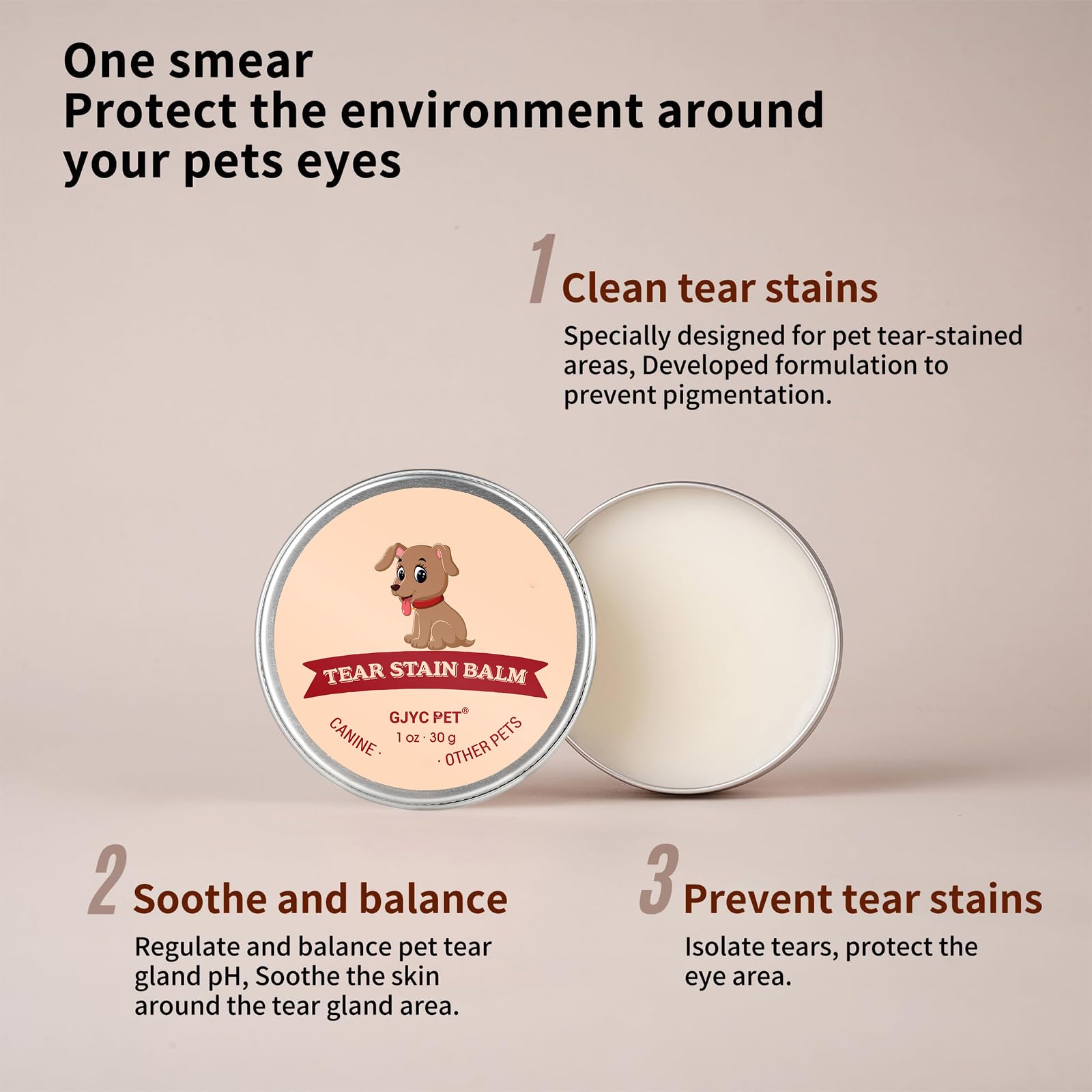 GJYC PET tear-stain remover demo on white fur reveals brighter eye region.