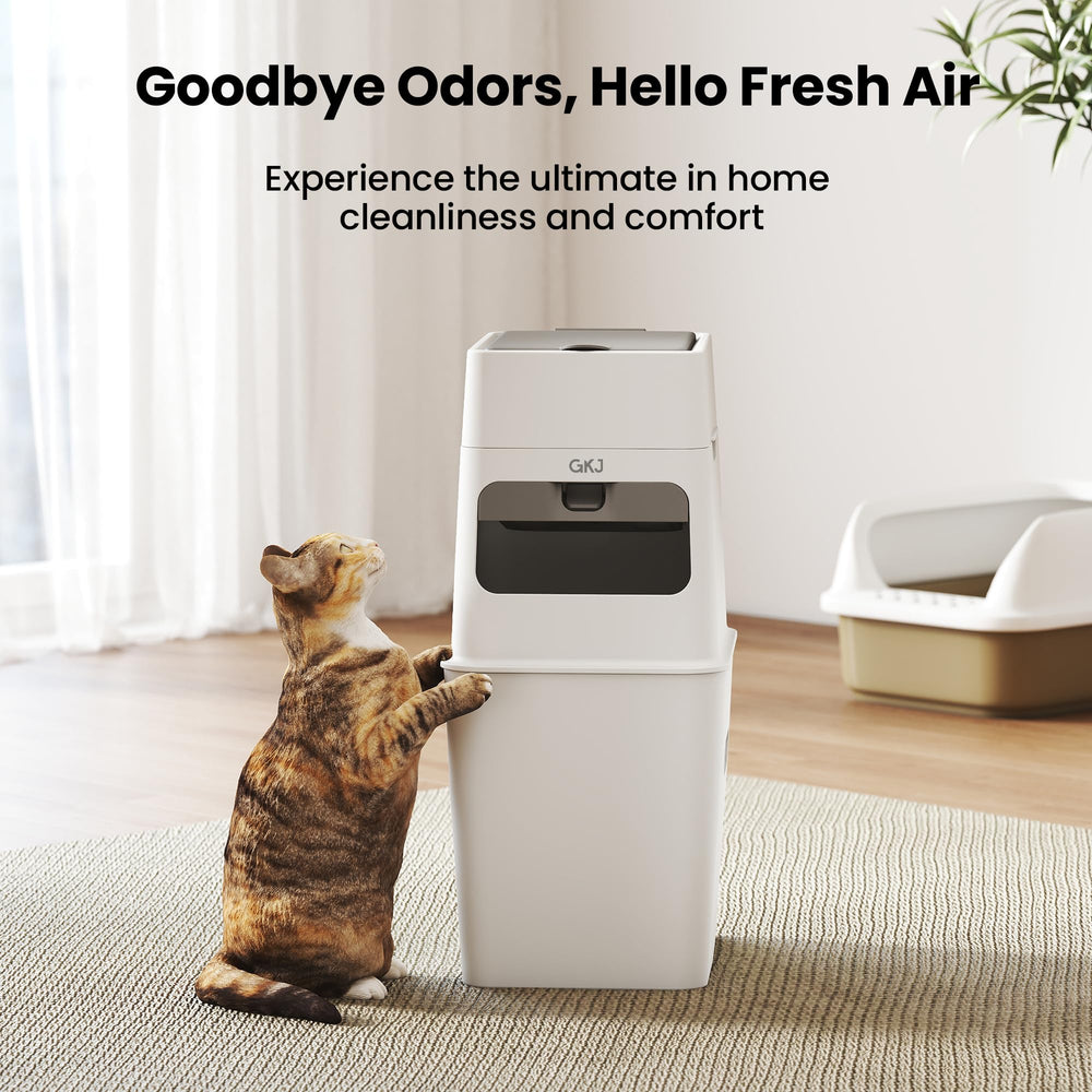 GKJ cat litter bags shown in compatible trash can for seamless disposal.