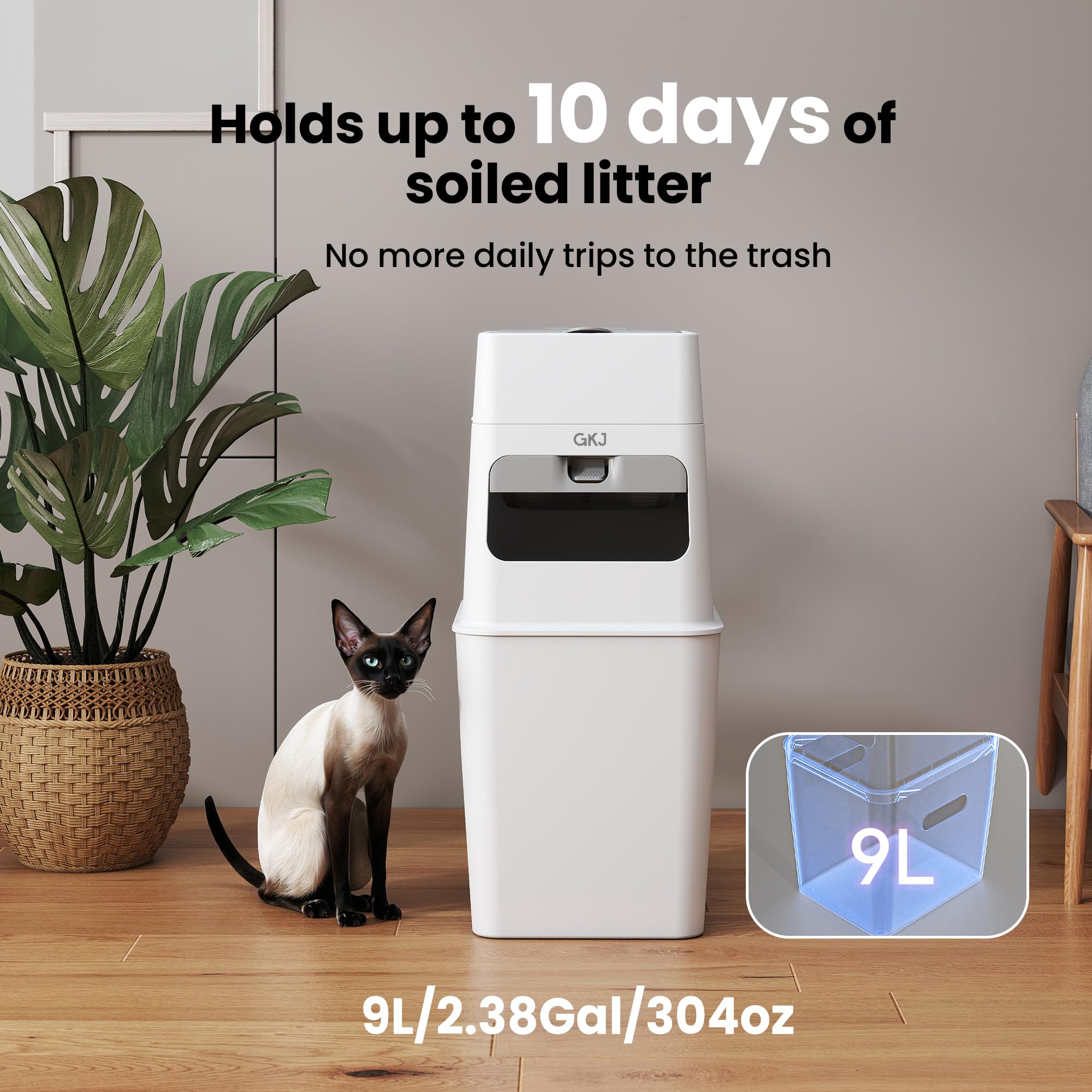 GKJ Cat Litter Trash Can interior bin reveals easy scoop-and-drop disposal.