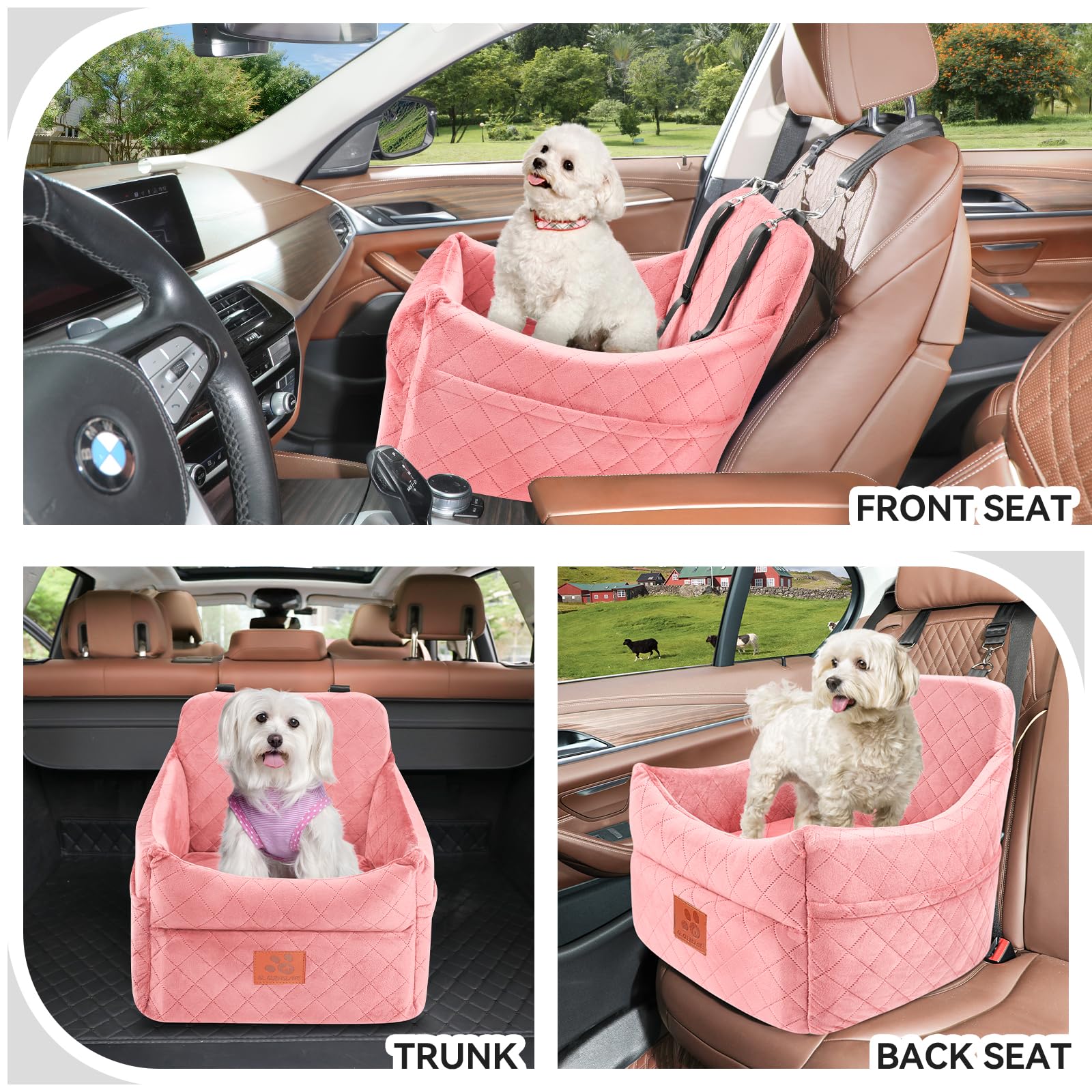 GL GLENSLAVE dog booster seat side view highlights memory foam comfort and anxiety relief on trips