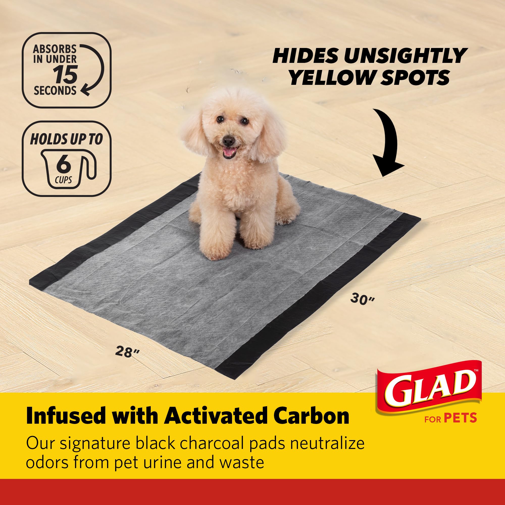 Glad for Pets jumbo training pads carbon layer close-up shows odor-absorbing technology.