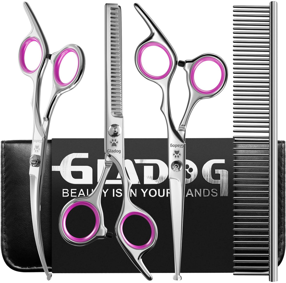 GLADOG professional 5in-1 scissors set, front view, rounded tips for safe pet grooming.