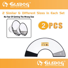 GLADOG two-pack cone collars showing exact size selection for different pets