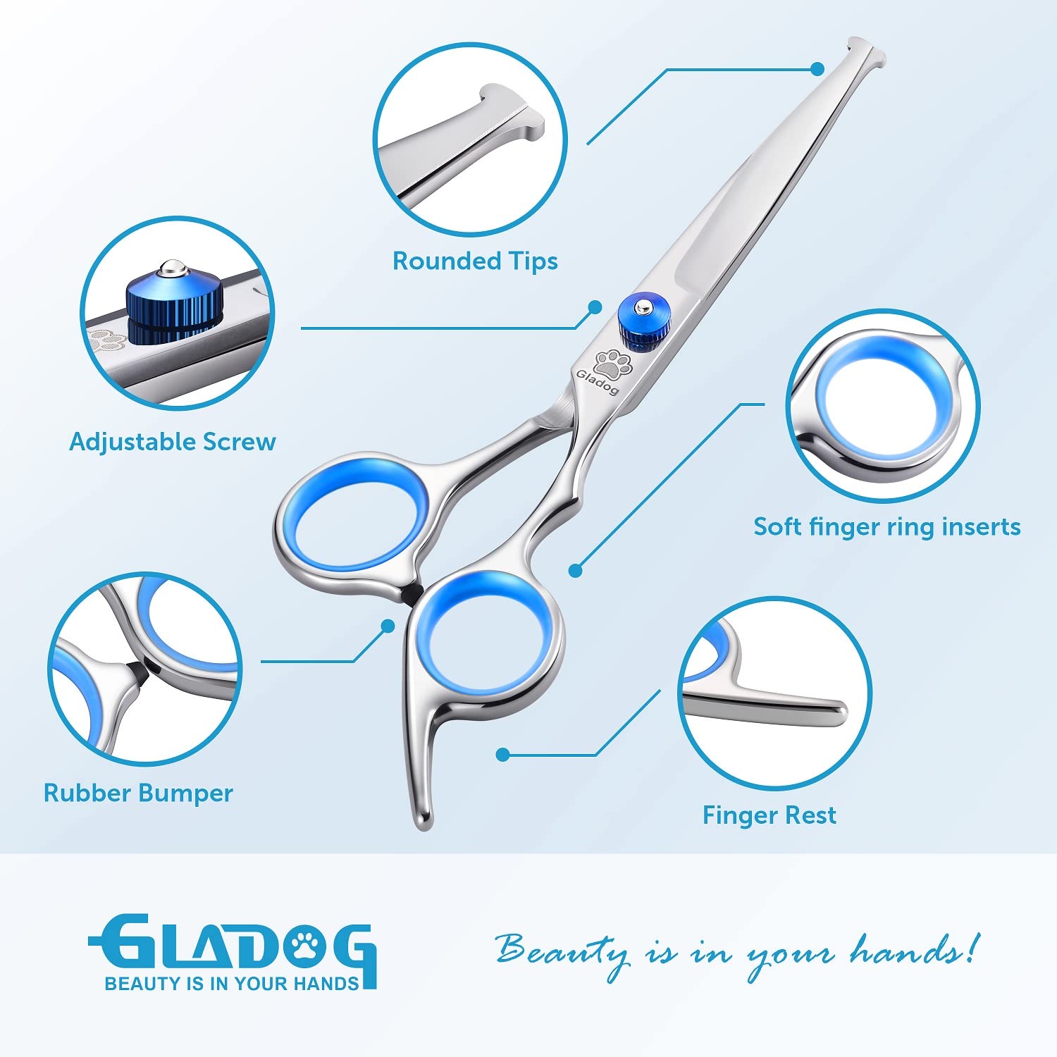 GLADOG tijeras curvas para contorno facial, ideales para zonas sensibles.