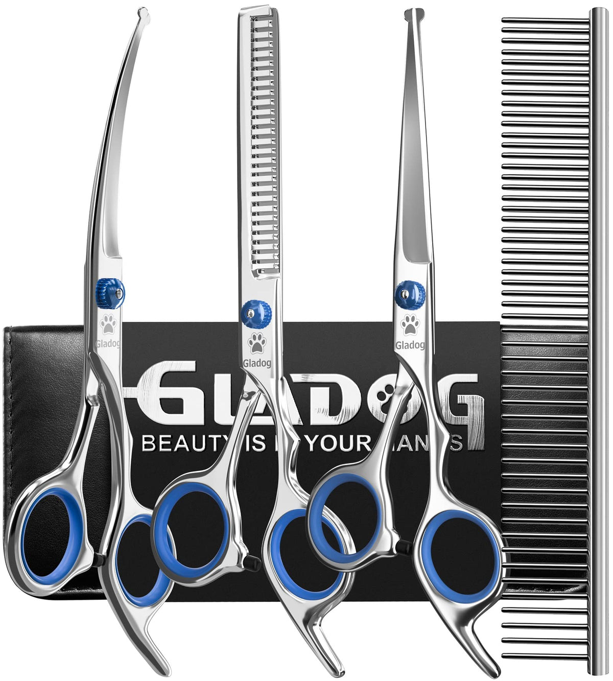 GLADOG tijeras profesionales 5 en 1 con puntas redondas para seguridad durante el cuidado del pelaje.