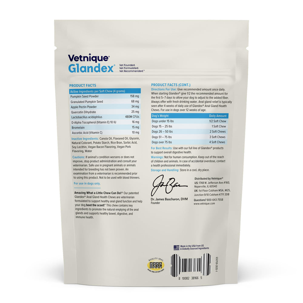 Glandex anal gland support with pumpkin seeds aids digestion and gland health.
