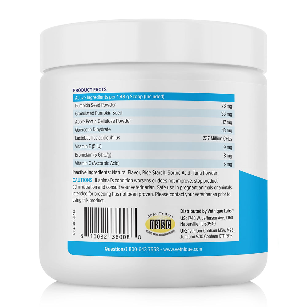 Glandex cat taste-testing powder being dispensed for easy daily dosing.