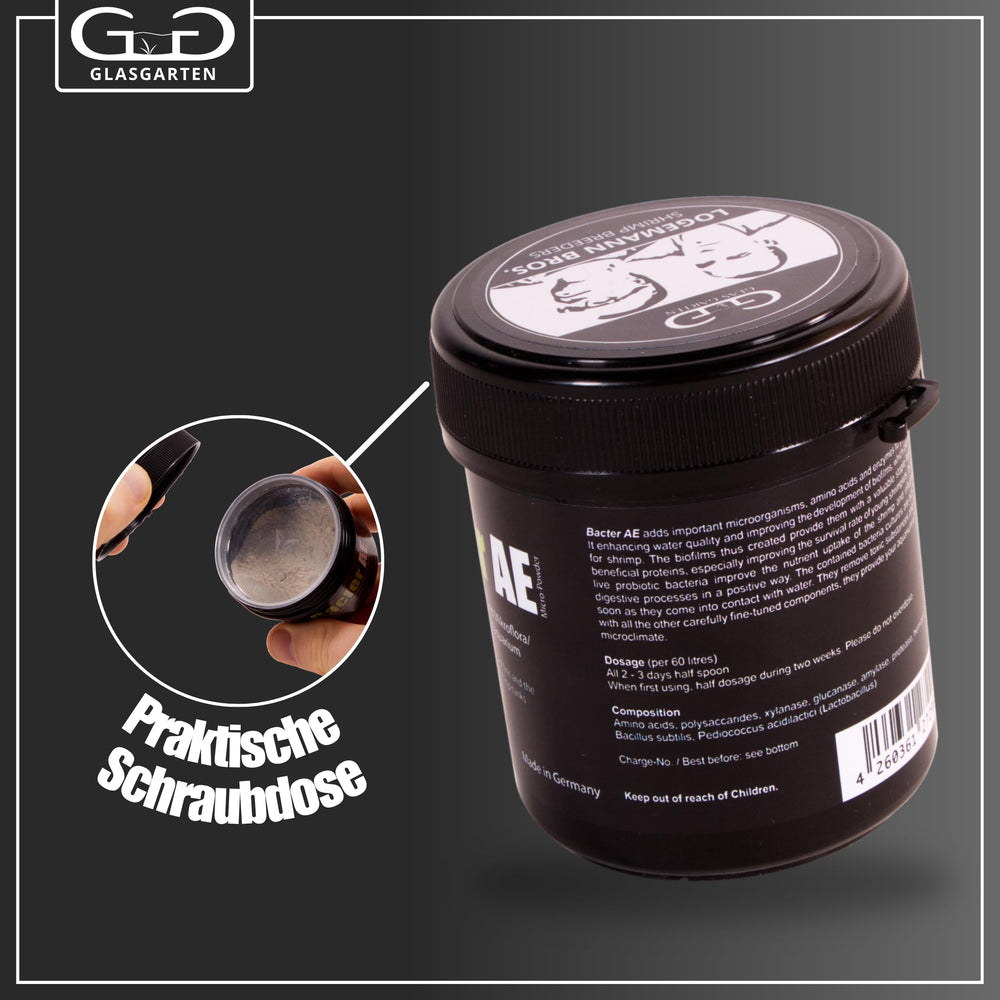 GlasGarten Bacter AE Content 70 g label close-up shows formulation details