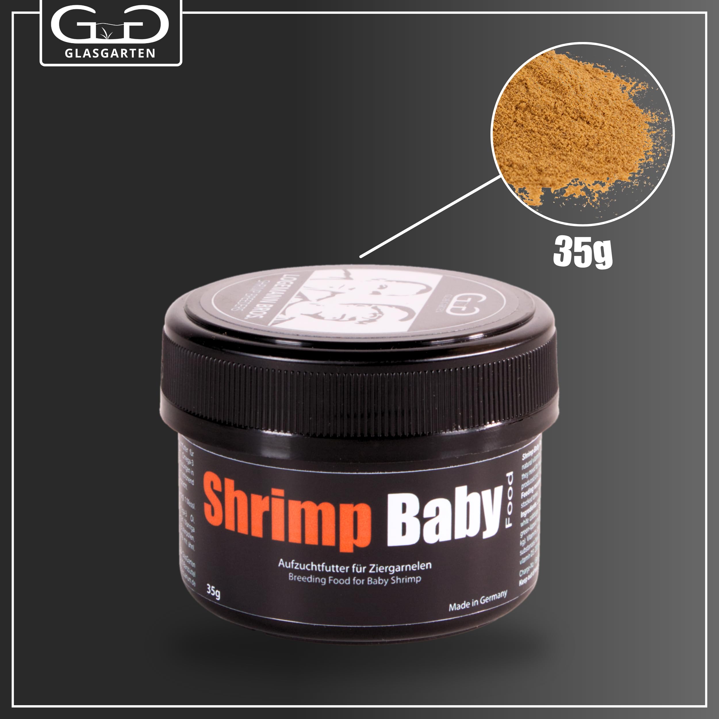 GlasGarten Shrimp Baby Food powder close-up demonstrates micro granules ideal for bioavailability