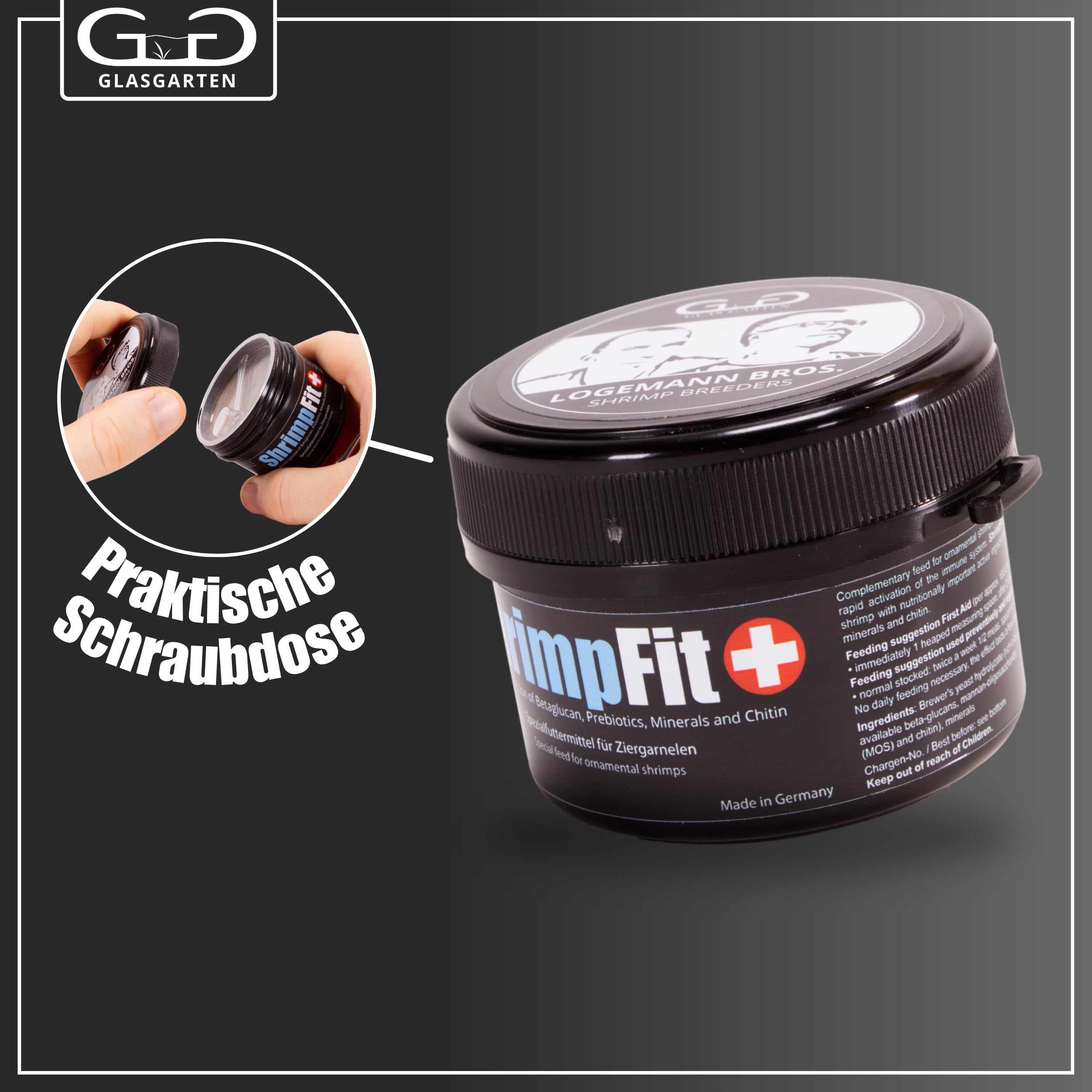 GlasGarten Shrimp Fit granules closeup highlights nutrient blend with beta-glucans and minerals.