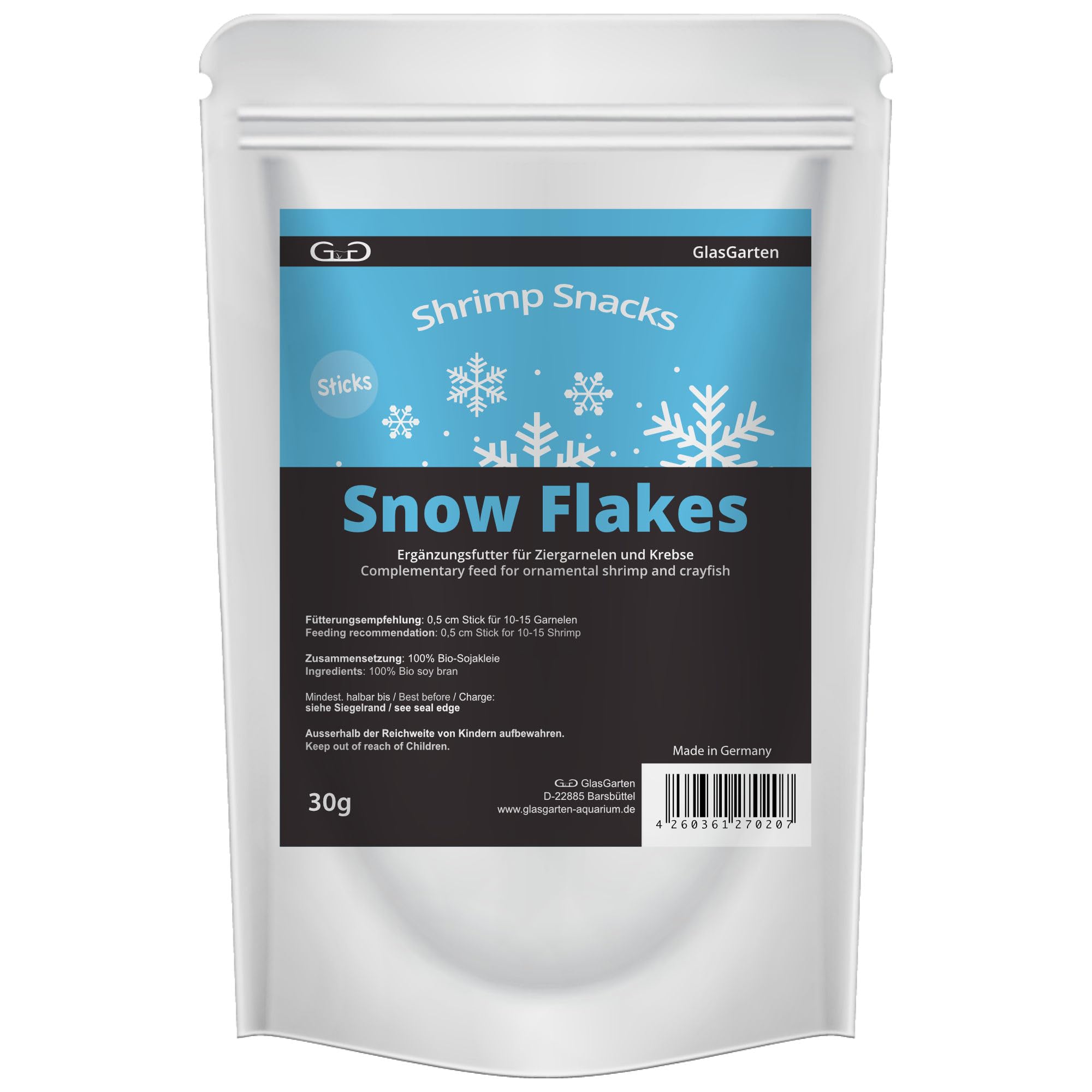 GlasGarten Snow Flakes 30g packaging for convenient between-meal shrimp snacking