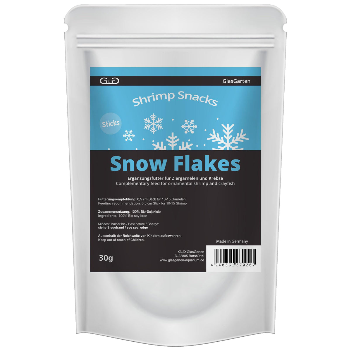 GlasGarten Snow Flakes 30g packaging for convenient between-meal shrimp snacking