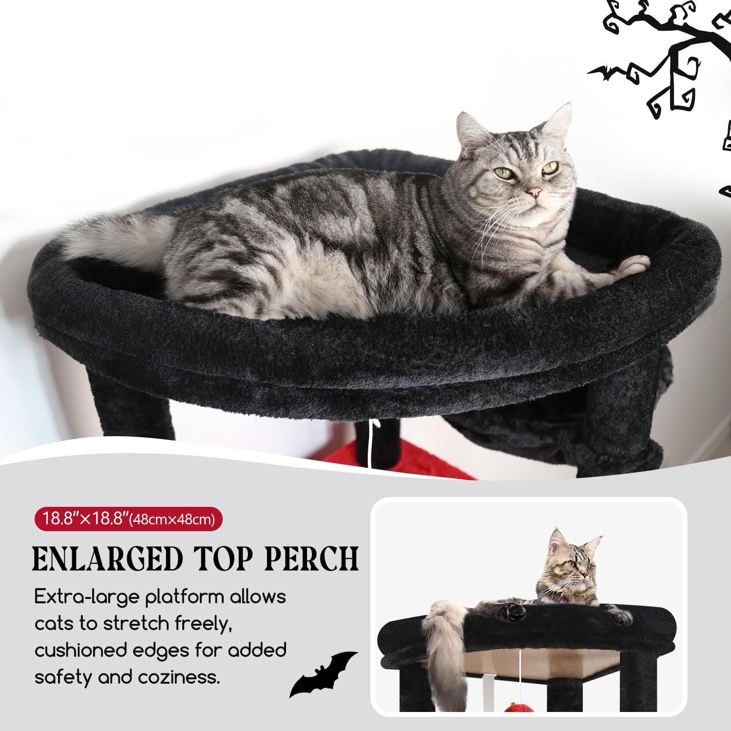Globlazer Gothic cat tree 2-condos offers spacious resting spaces for multiple large cats.