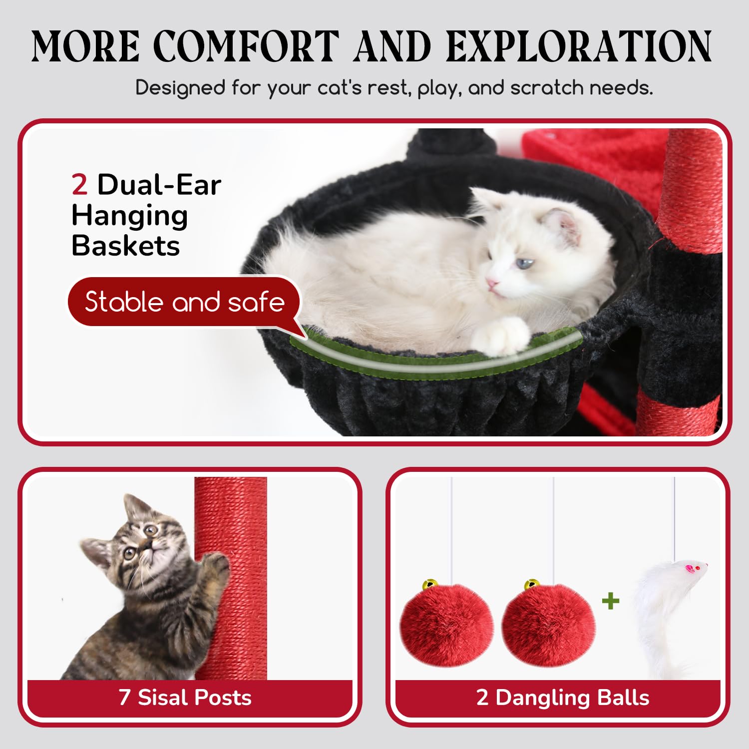 Globlazer Gothic cat tree 2-hanging-baskets provides cozy lounging and playful nesting.