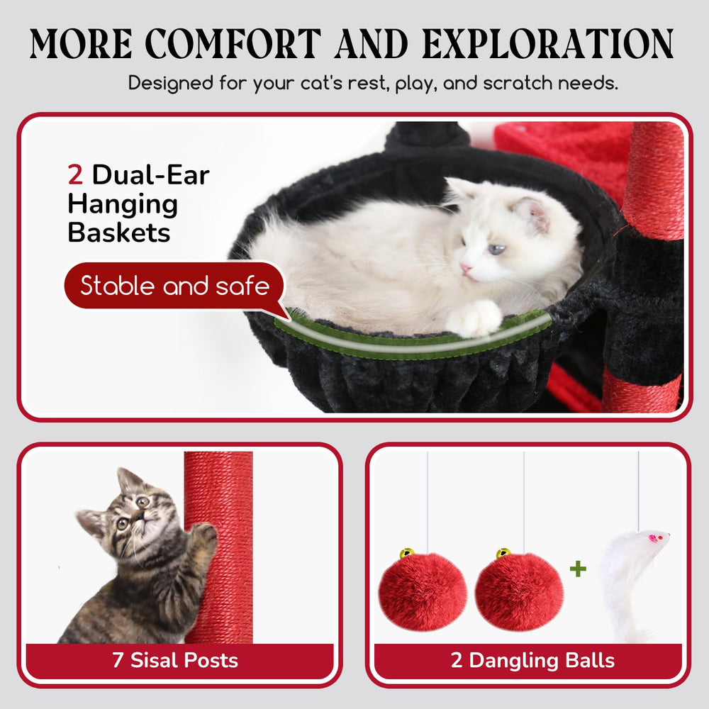 Globlazer Gothic cat tree 2-hanging-baskets provides cozy lounging and playful nesting.