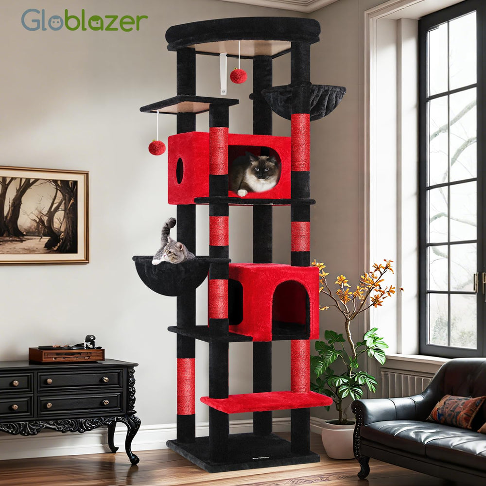 Globlazer Gothic cat tree anti-tip-strap enhances safety during active climbing.