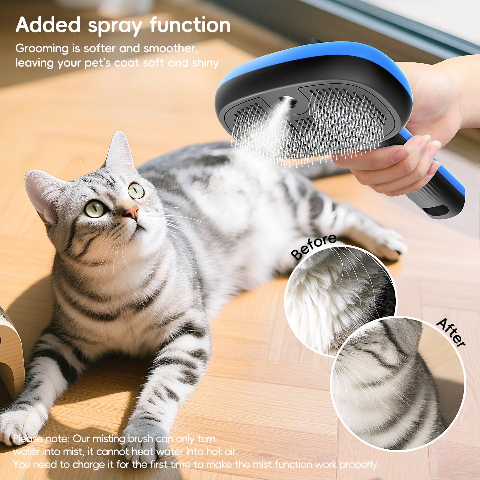 Gleedeal Cat Steam Brush in use during a calm, comfortable grooming session with a pet.