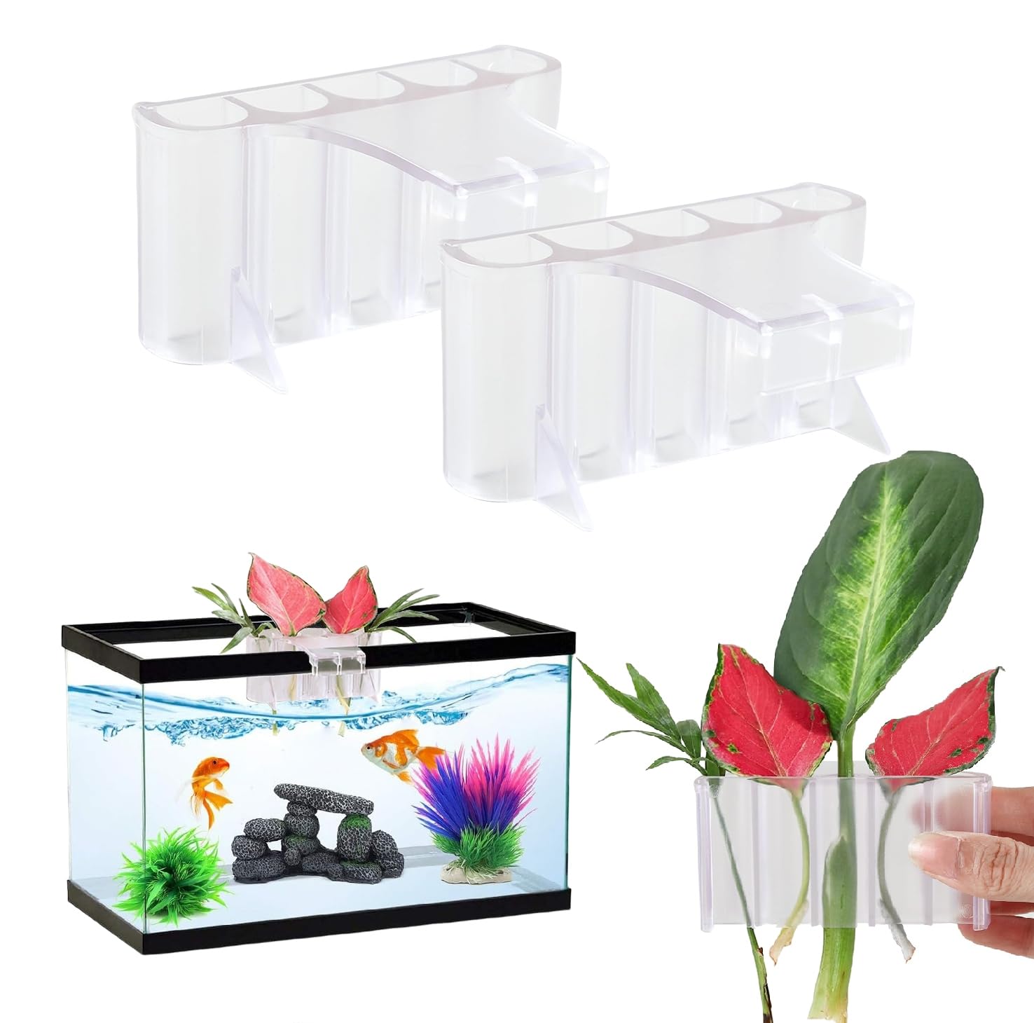 GLEFLE aquarium plant holder hanging cup side view demonstrates stable decorative setup.