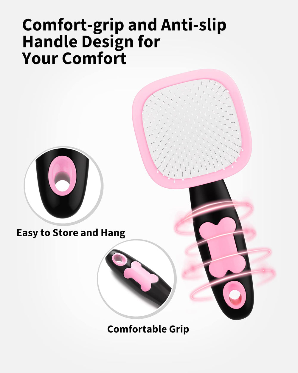 Glendan pink grooming brush handle closeup shows comfortable anti-slip grip.