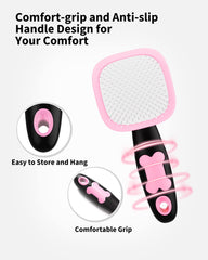 Glendan pink grooming brush handle closeup shows comfortable anti-slip grip.