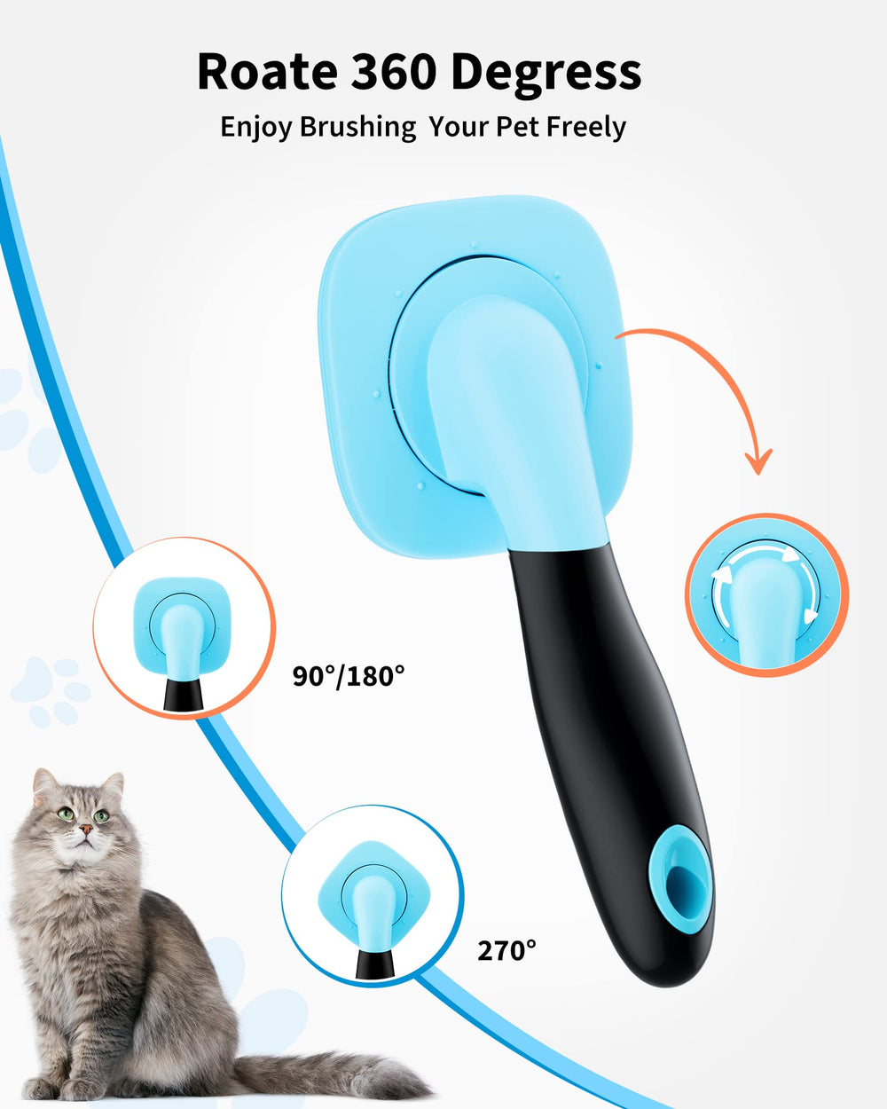 Glendan slicker brush 180-degree rotation reaches paws and underbelly.