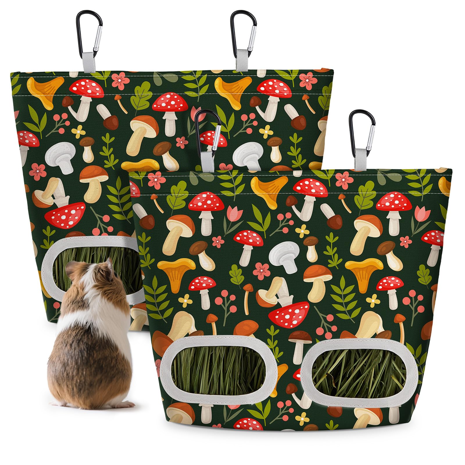 Glittme 2-pack guinea pig hay feeder in green mushroom color hanging on cage to reduce hay waste.