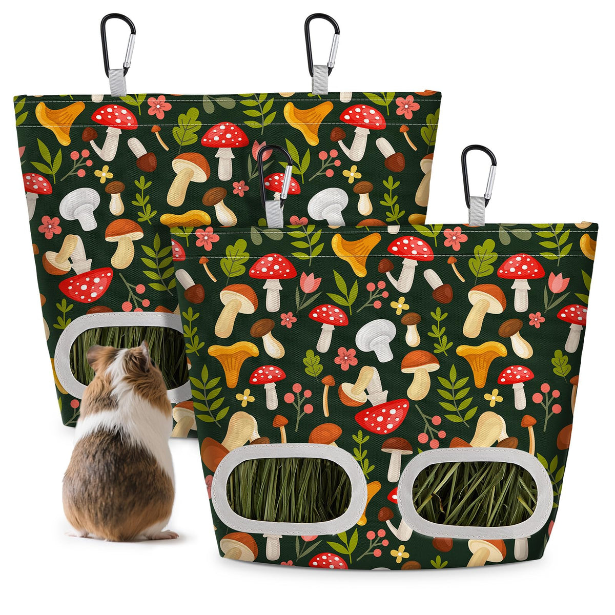 Glittme 2-pack guinea pig hay feeder in green mushroom color hanging on cage to reduce hay waste.
