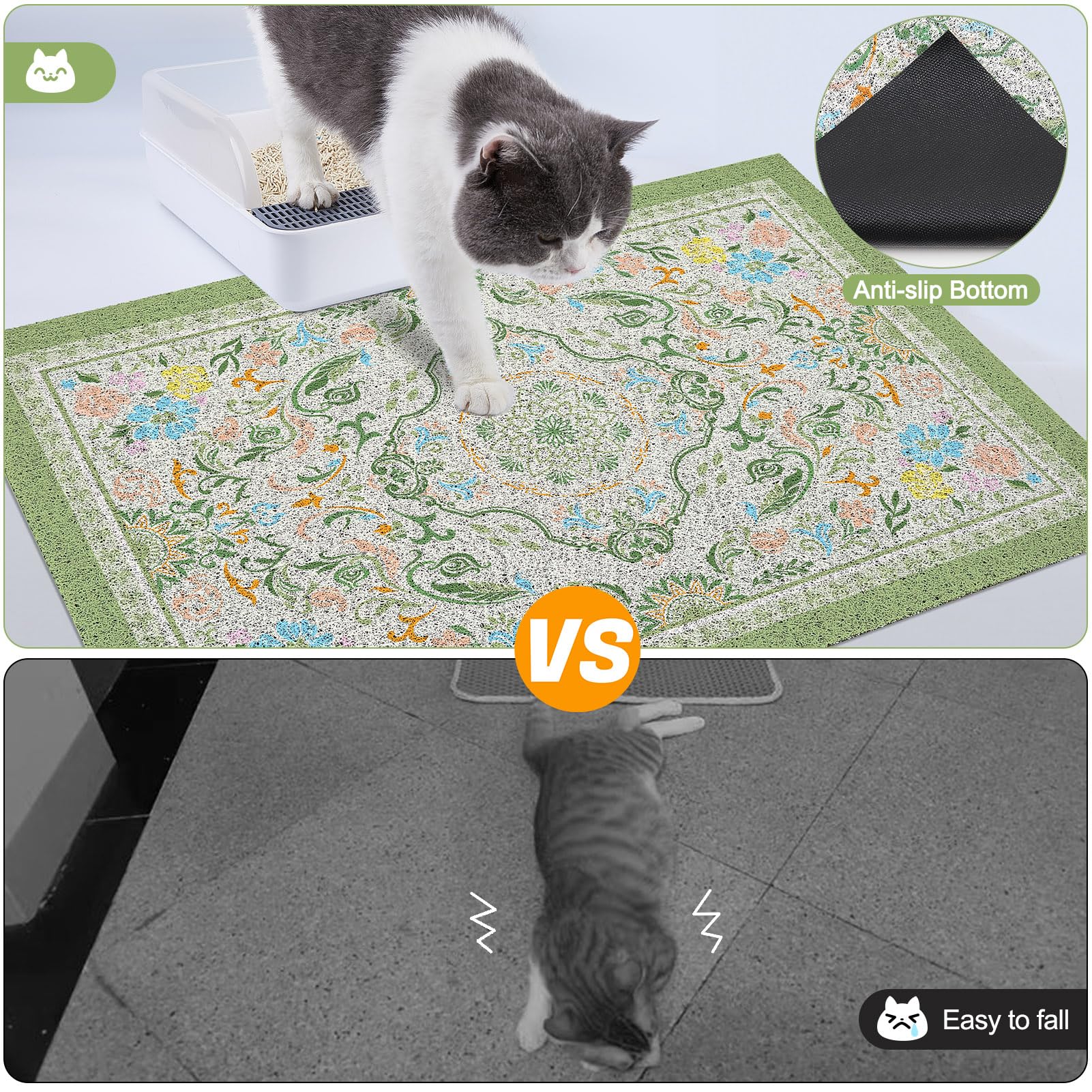 Glittme 40x30 inch mat covers a large floor area under the litter box.