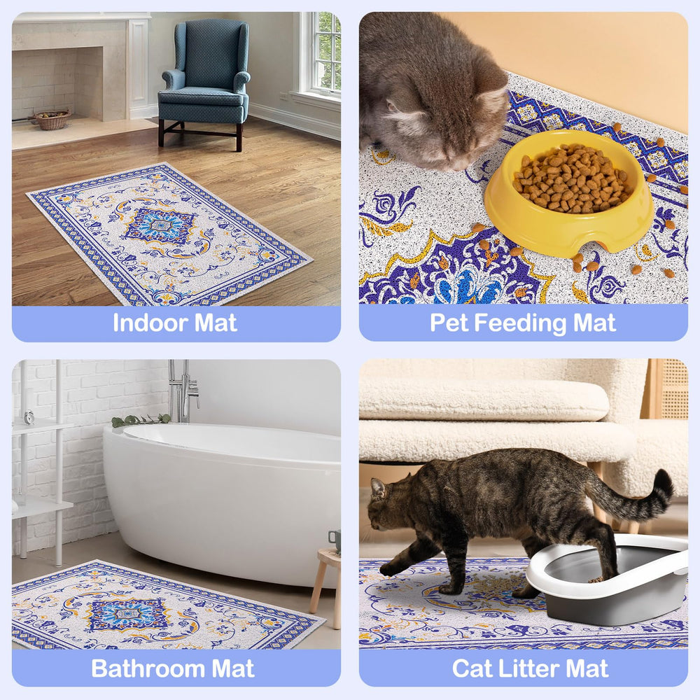 Glittme XXL litter mat demonstrates large coverage area under the litter box