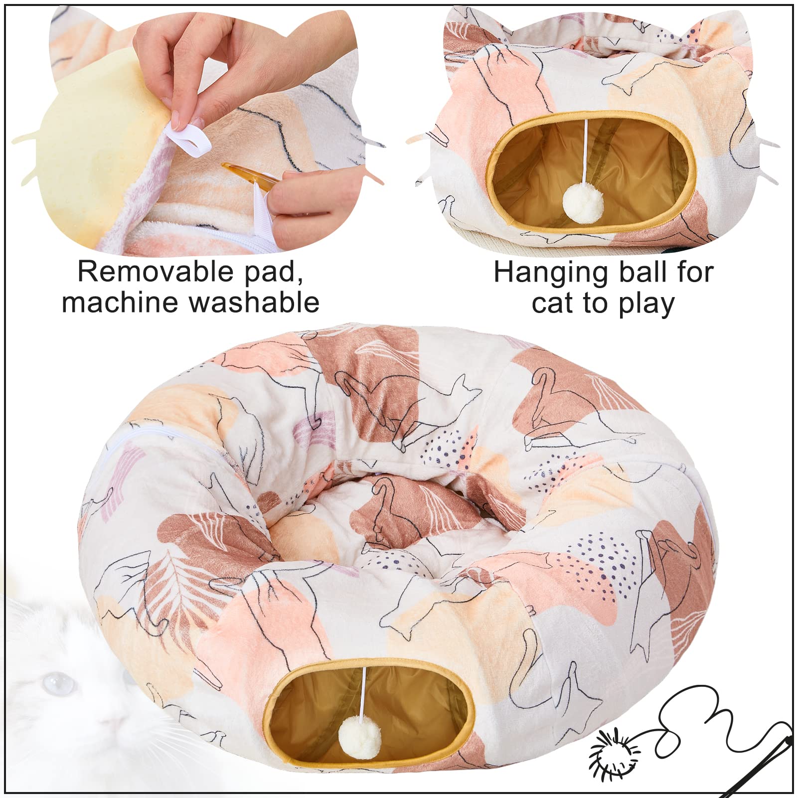Glittme Cat Tunnel Bed hanging-toy ball promotes engaging play sessions.