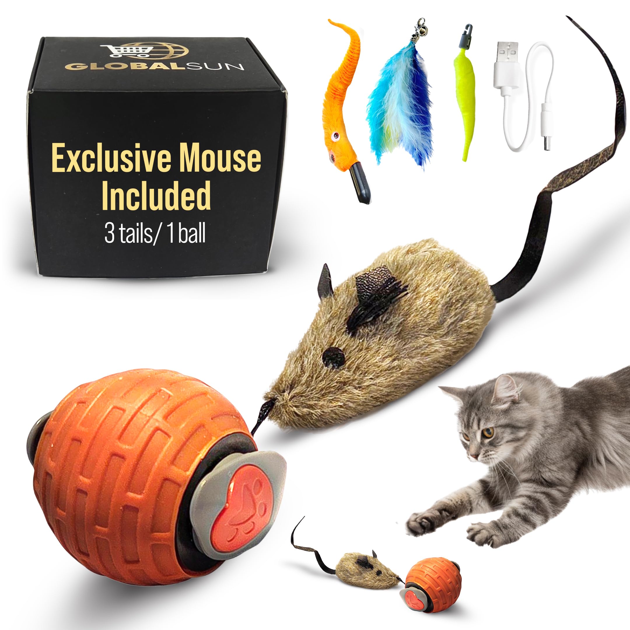 GlobalSun Speedy Tail 2.0 ball front view showing interactive motion for indoor cats