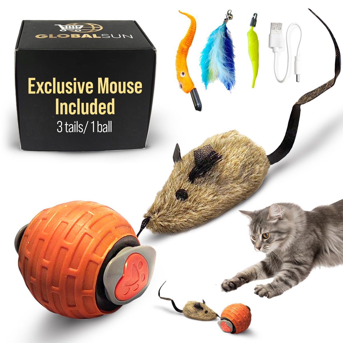 GlobalSun Speedy Tail 2.0 ball front view showing interactive motion for indoor cats