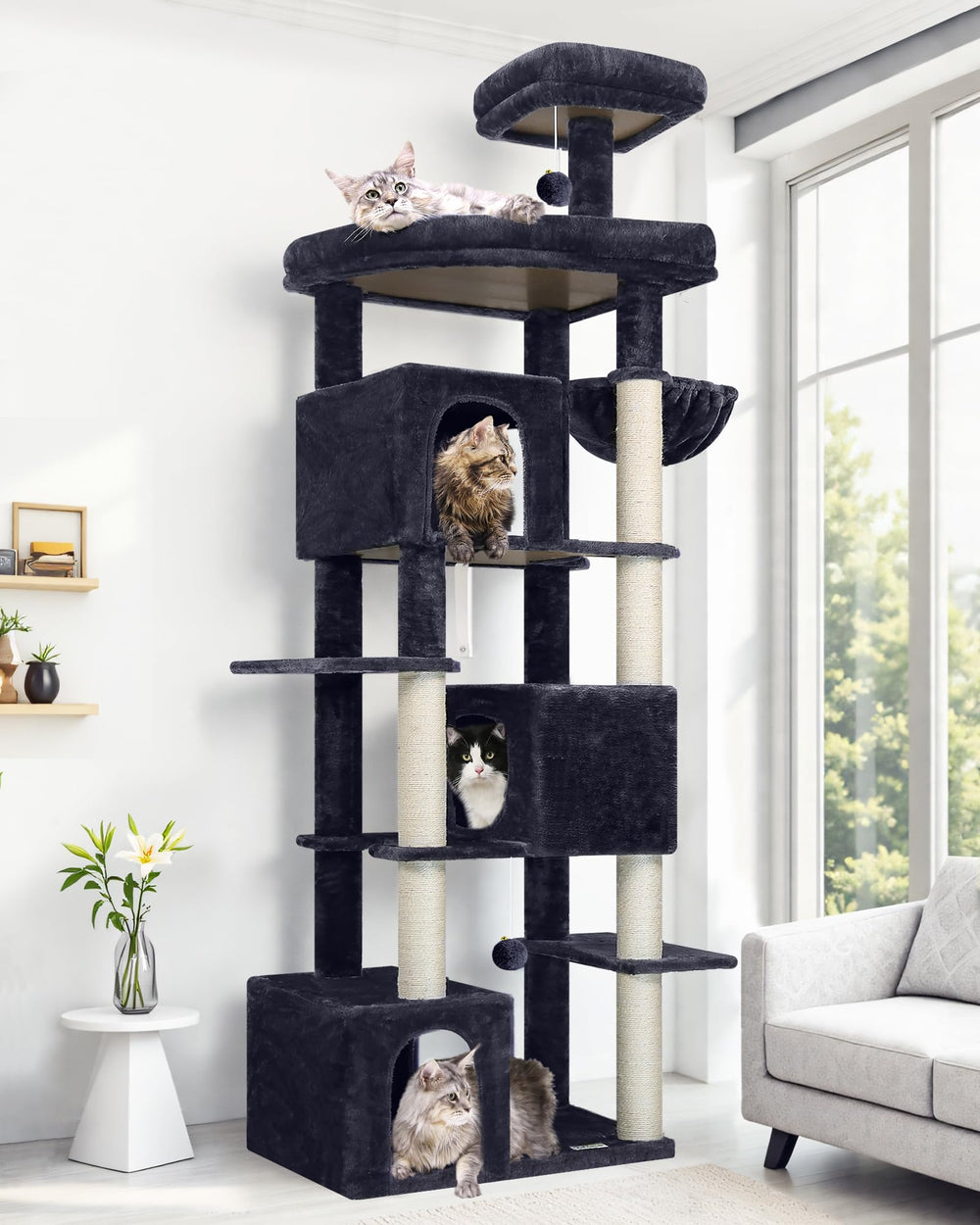 Globlazer 80in cat tree assembly demonstrates a sturdy, stable base for safe multi-cat play.