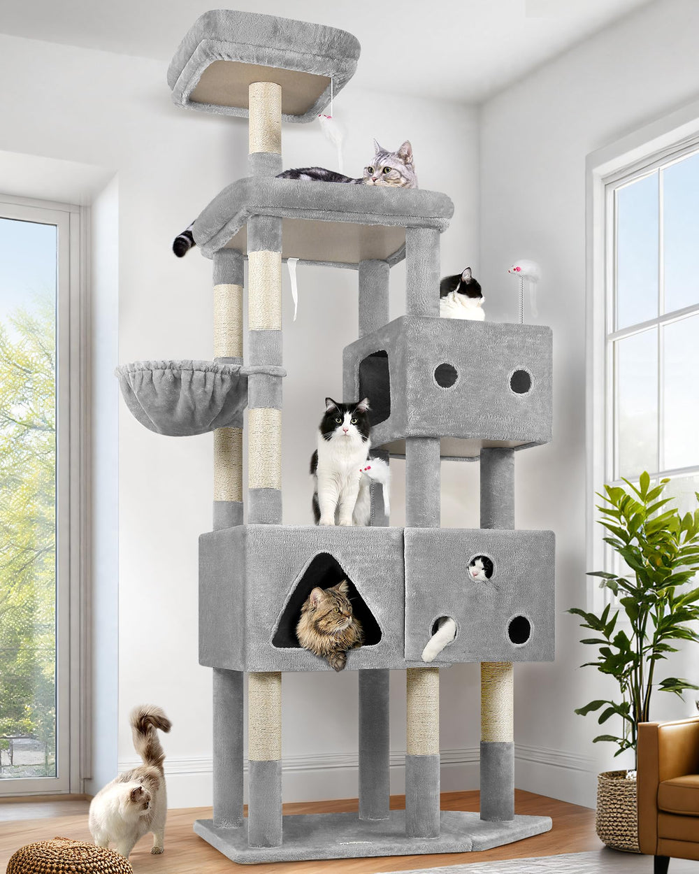 Globlazer 81-inch cat tower assembly demonstrates sturdy, easy-to-assemble design for large cats.