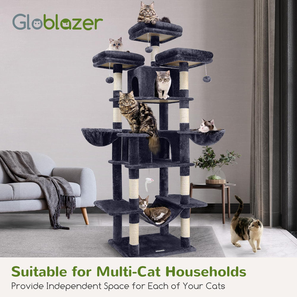 Globlazer Big Cat Tower dark grey plush finish adds cozy style.