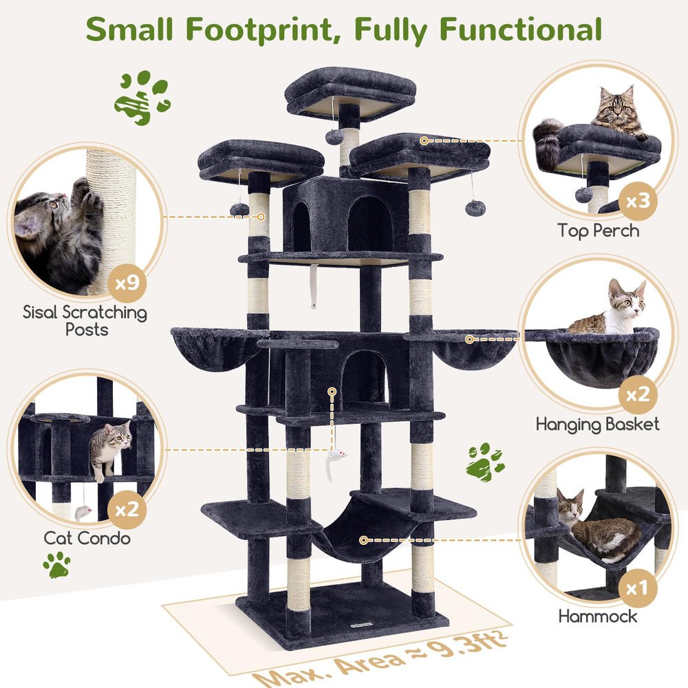 Globlazer Big Cat Tower nine sisal posts encourage scratching to support claws.