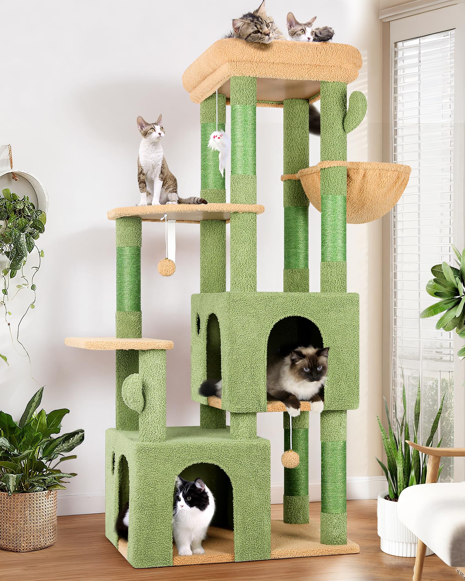 Globlazer Cactus Cat Tower side view highlighting sturdy multi-level design for large cats