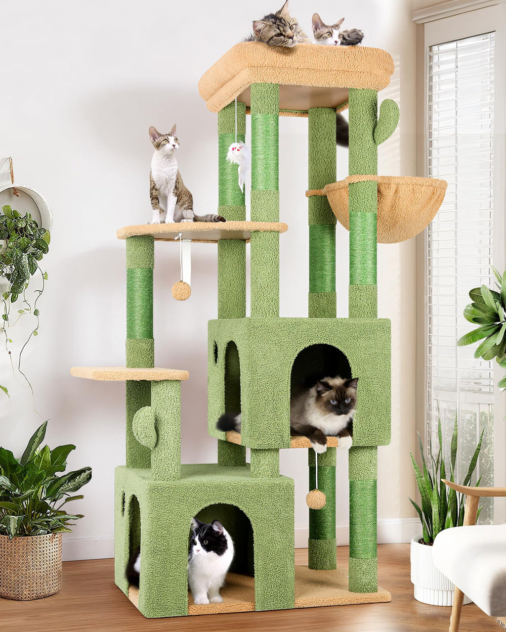 Globlazer Cactus Cat Tower side view highlighting sturdy multi-level design for large cats
