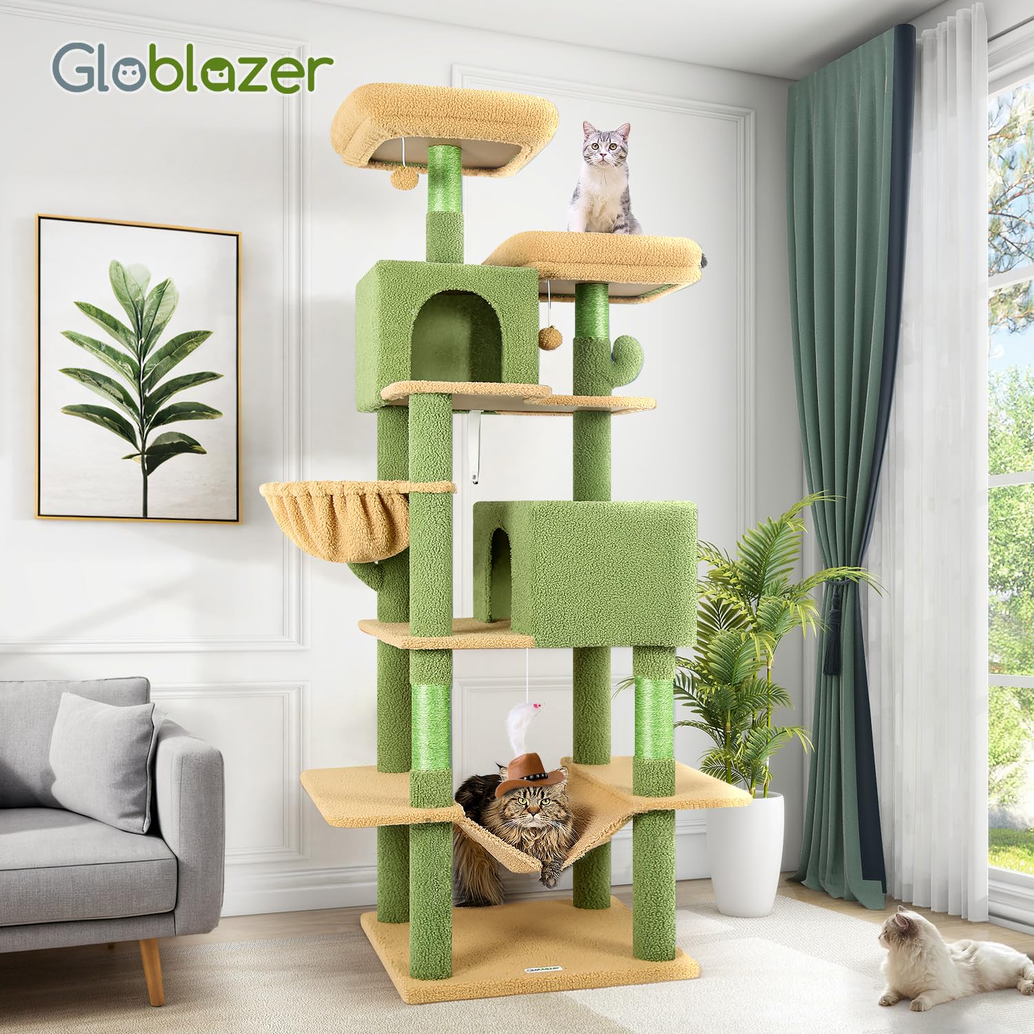 Globlazer Cactus Cat Tree Tower 76-Inch easy-clean surfaces aid quick maintenance.