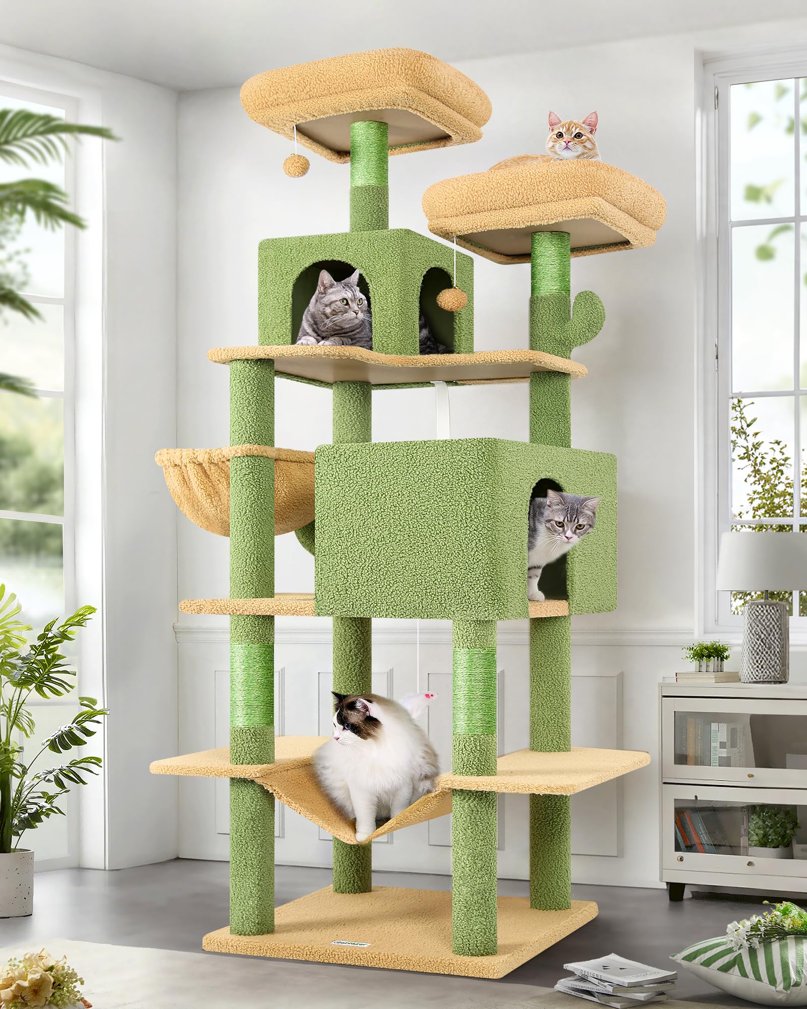 Globlazer Cactus Cat Tree Tower 76-Inch front view demonstrates roomy multi-level perches for multi-cat play.