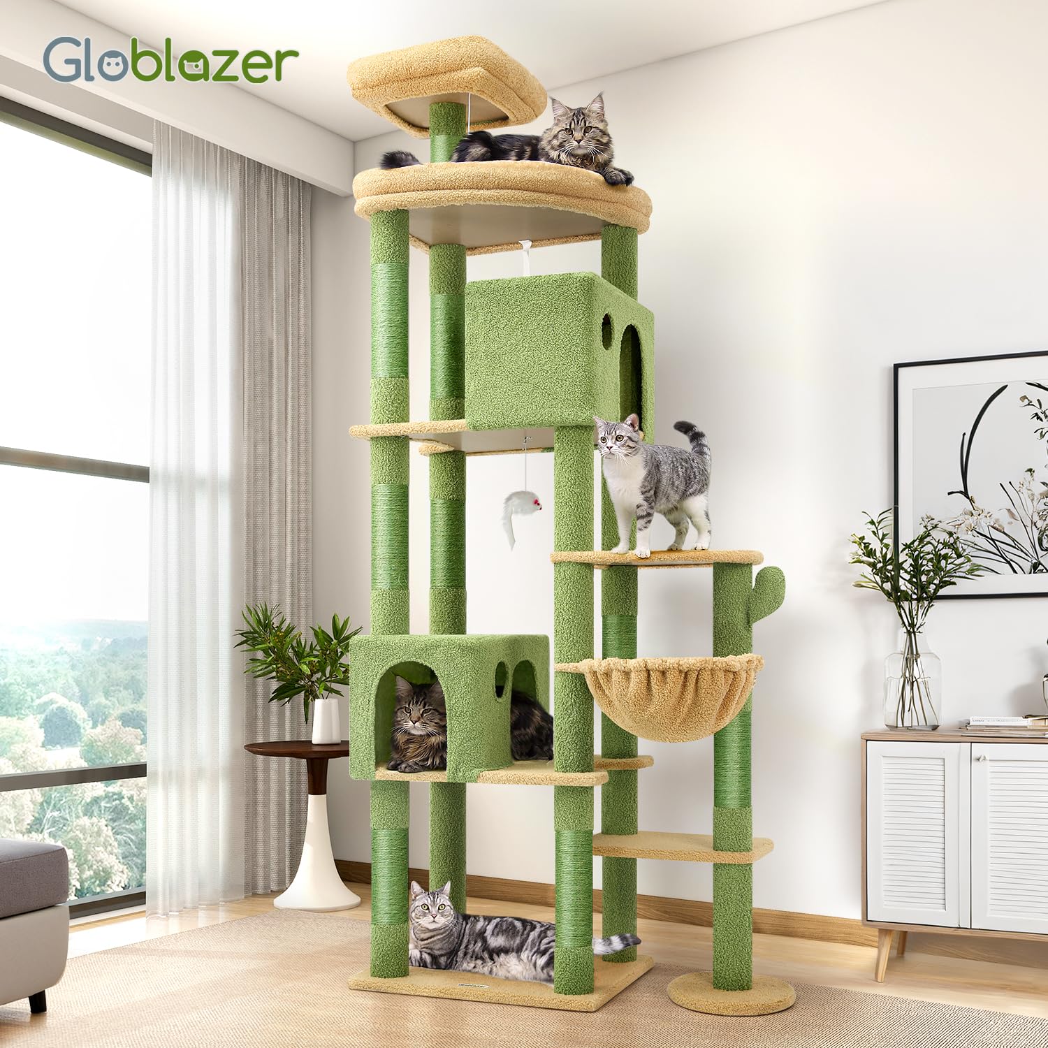 Globlazer Cactus Giant Cat Tree Wide Base—stable footprint supports multiple large cats safely